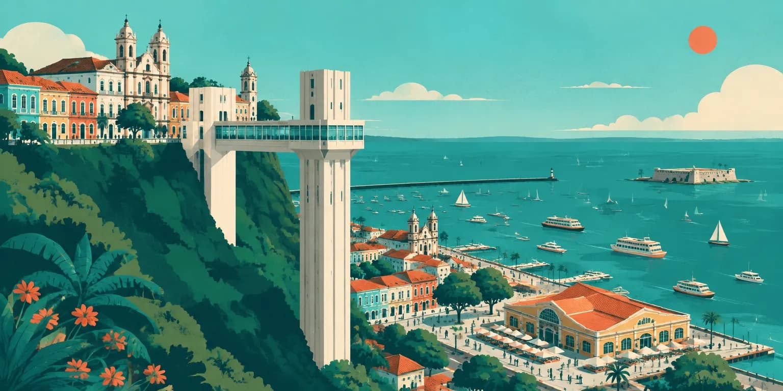 Ilustração de Salvador (BA): o Elevador Lacerda entre a Cidade Alta e a Cidade Baixa, casarões e a baía