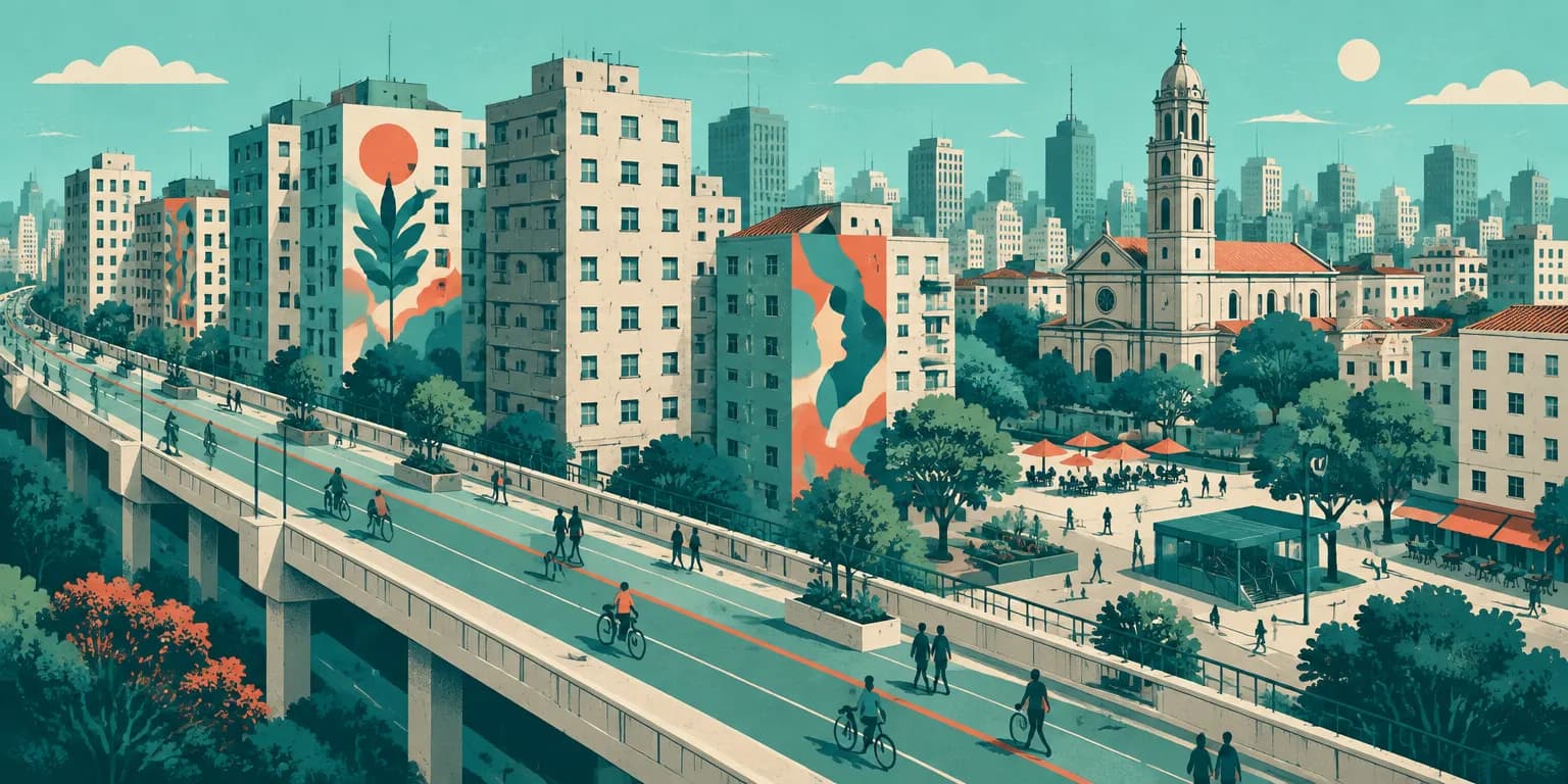 Ilustração de Santa Cecília, em São Paulo: Minhocão com pedestres e ciclistas, prédios com murais e a igreja ao fundo
