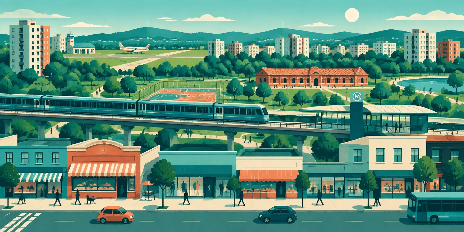 Ilustração de Santana, em São Paulo: metrô elevado, Parque da Juventude com a biblioteca de tijolo e o Campo de Marte