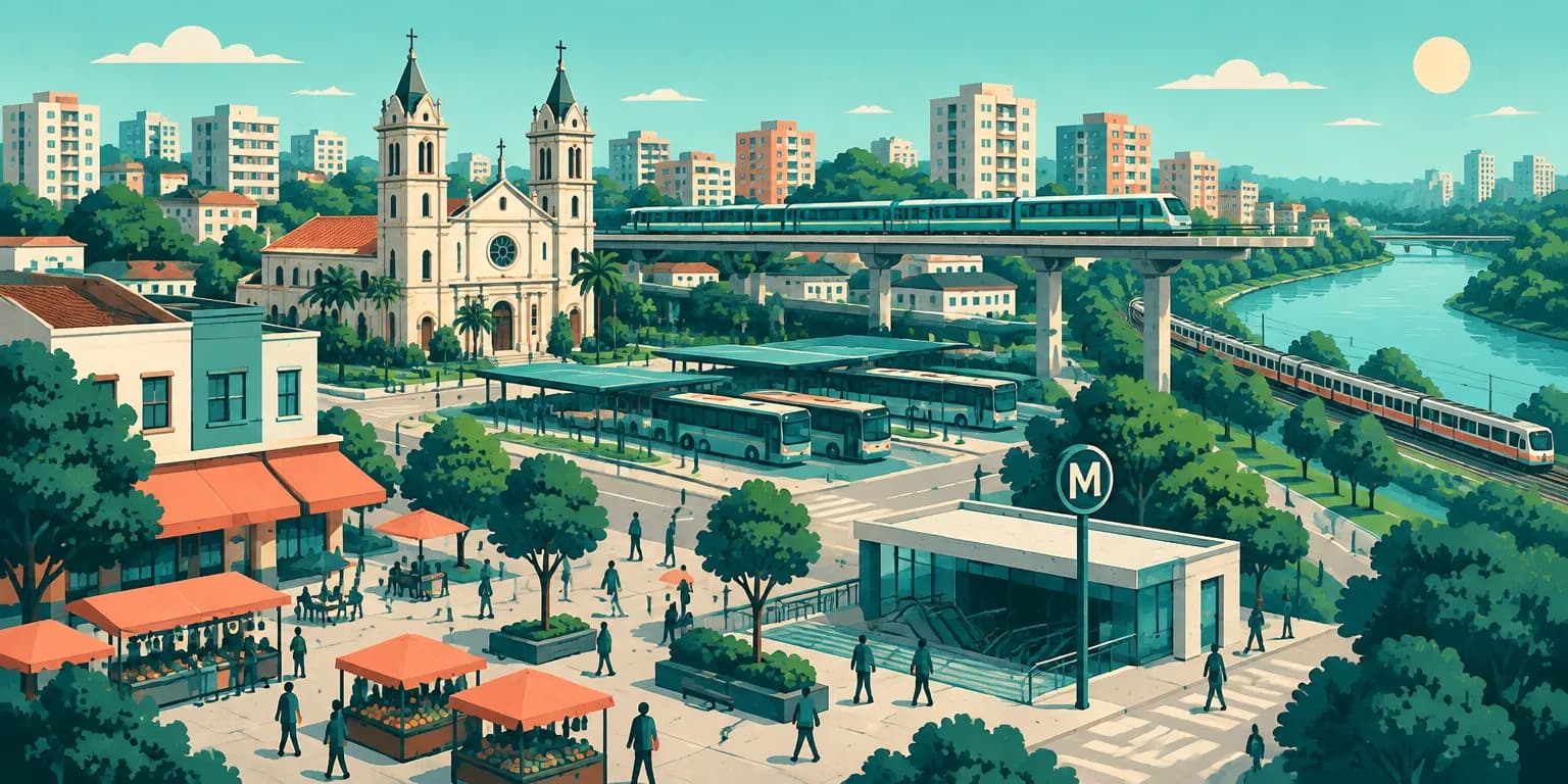Ilustração de Santo Amaro, em São Paulo: largo com comércio e metrô, a catedral, terminal de ônibus e trem à beira do rio