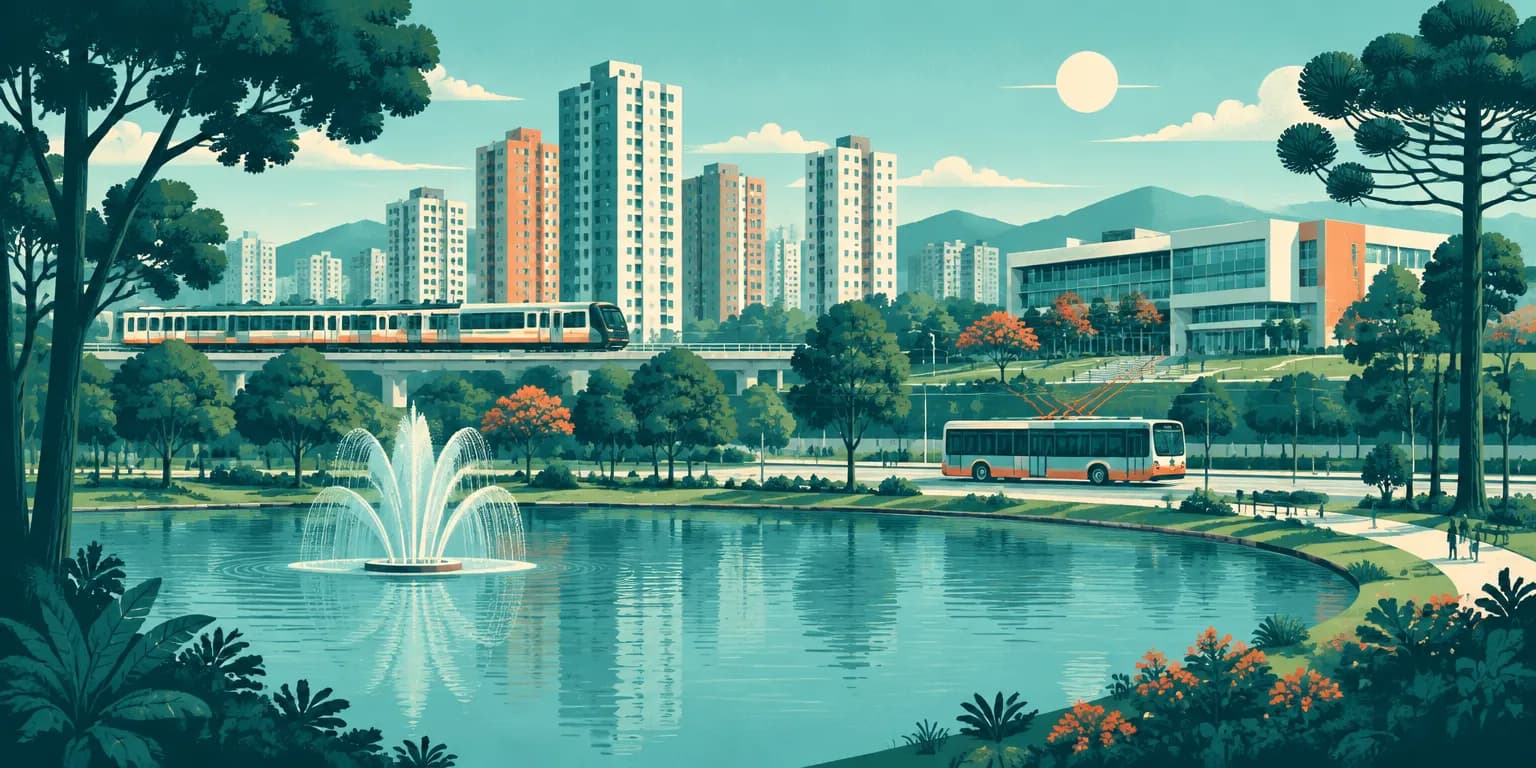 Ilustração de Santo André (SP): parque com lago, trem, trólebus na avenida e prédios ao fundo