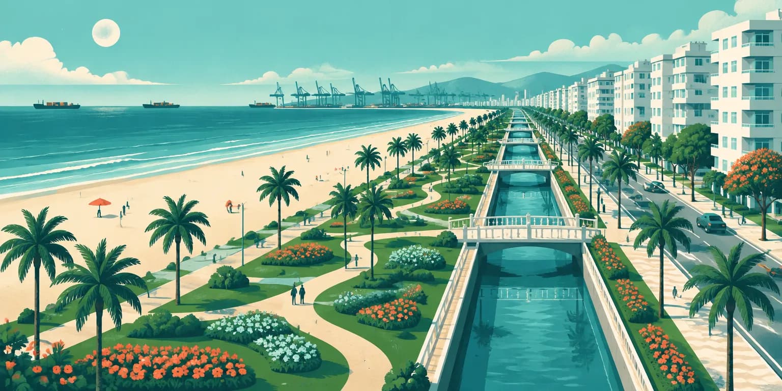 Ilustração de Santos (SP): jardim da orla com a praia, um canal e navios do porto ao fundo