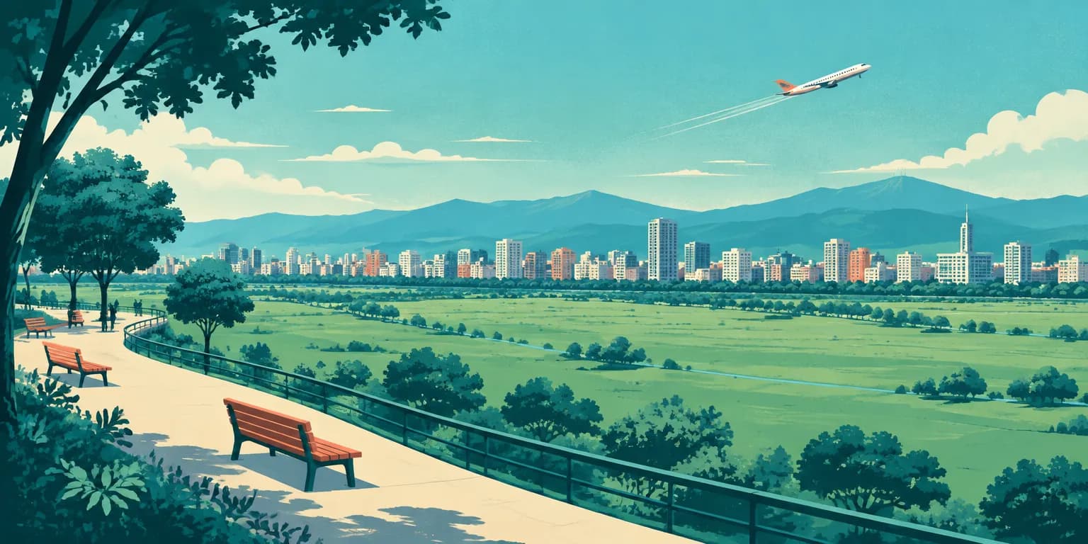 Ilustração de São José dos Campos (SP): a várzea verde do Banhado, prédios na borda e um avião no céu
