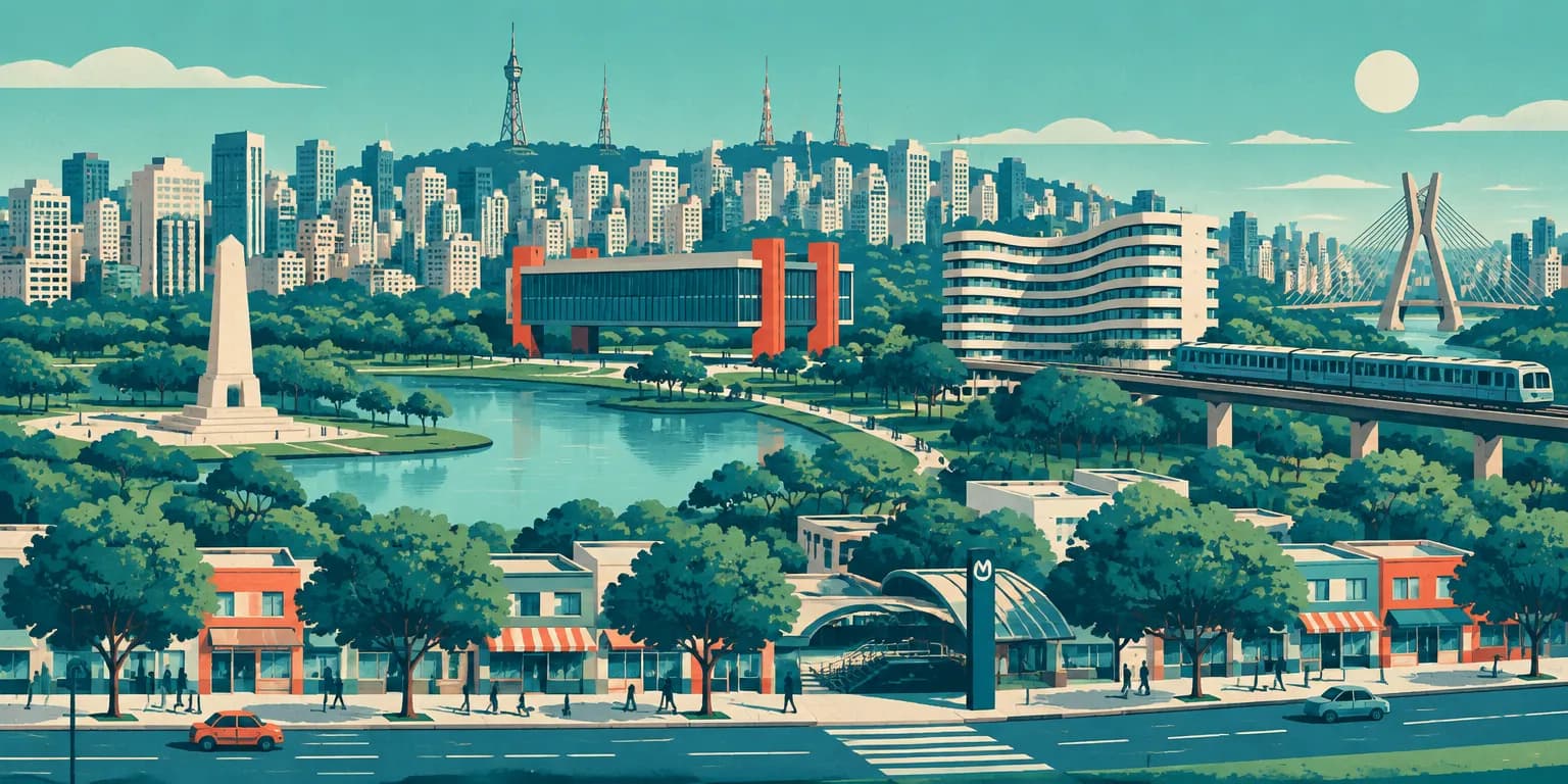 Ilustração de São Paulo: rua com metrô, o Ibirapuera com o obelisco, o Masp e os prédios da Paulista ao fundo