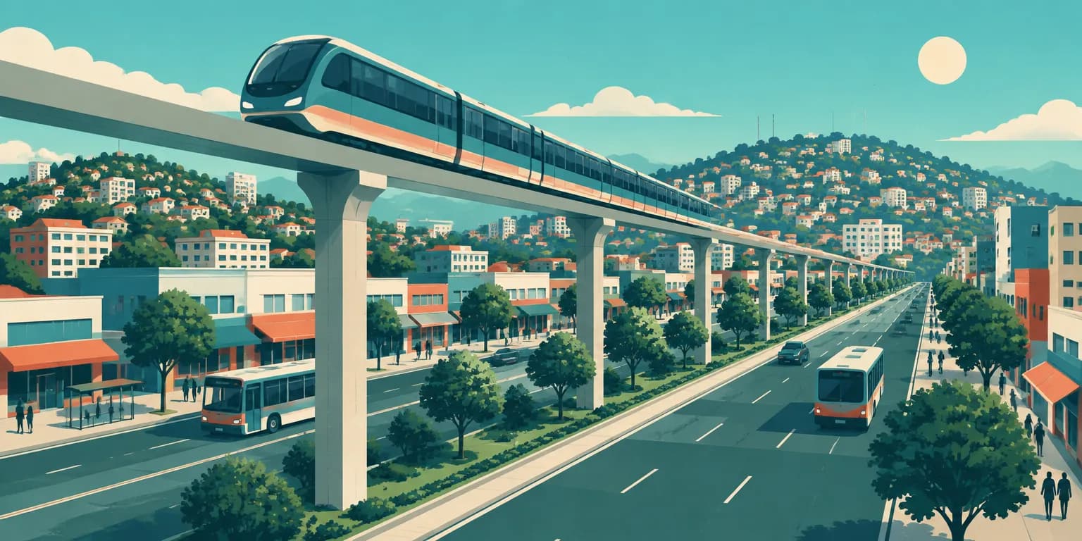 Ilustração de Sapopemba, em São Paulo: monotrilho elevado sobre a avenida, comércio e morros com casas