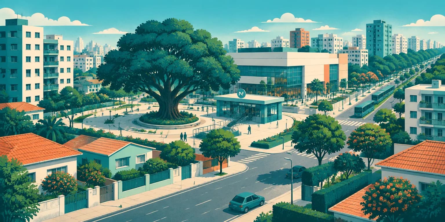 Ilustração da Saúde, em São Paulo: praça com uma árvore grande, entrada do metrô, shopping e ruas de casas baixas