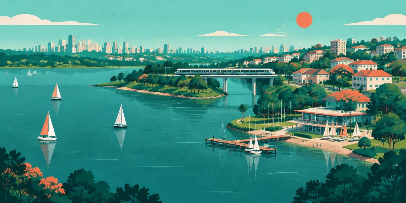 Ilustração do Socorro, em São Paulo: represa com veleiros e píer, trem cruzando a ponte e casas arborizadas