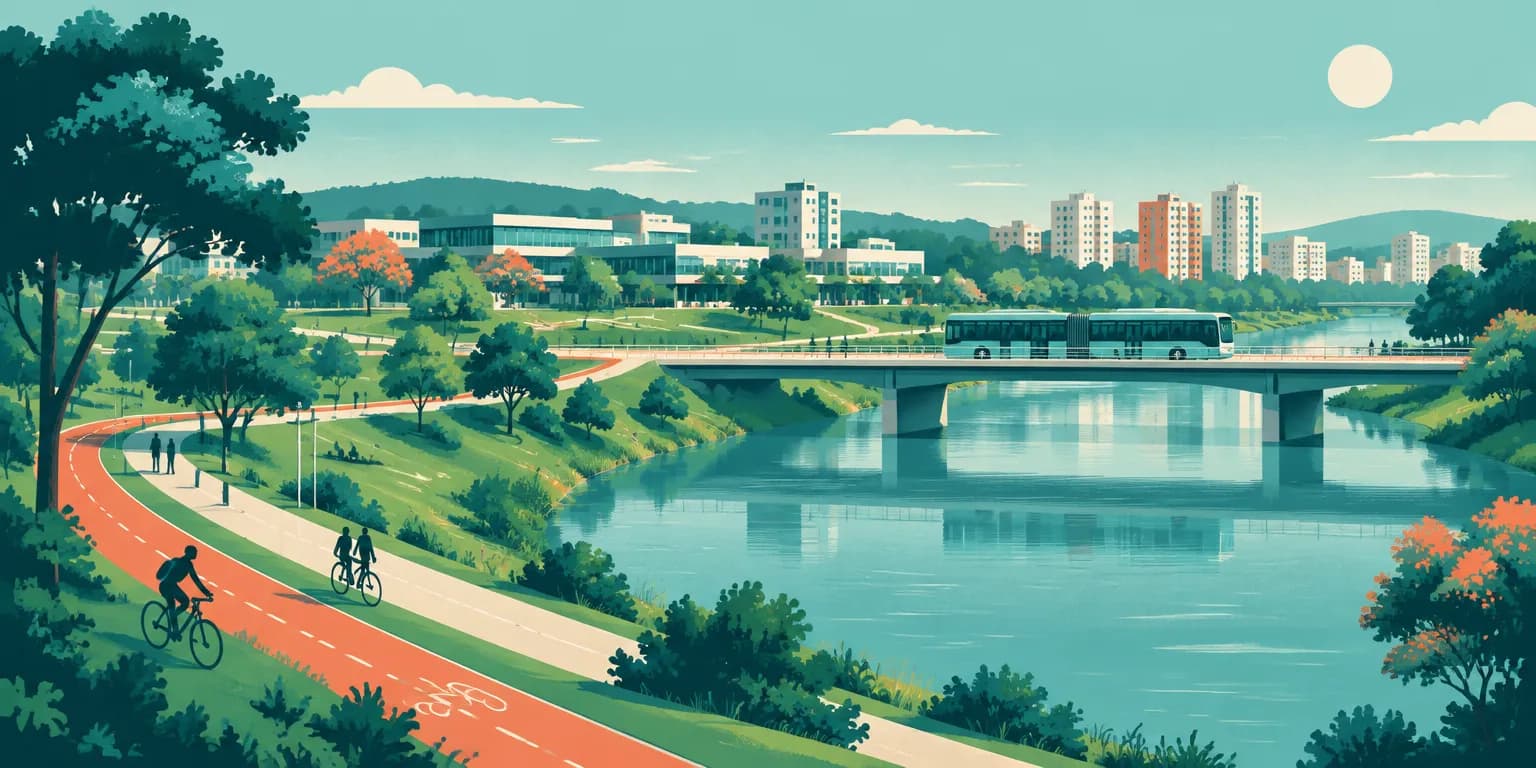 Ilustração de Sorocaba (SP): ciclovia à beira do rio Sorocaba, ônibus do BRT e prédios ao fundo