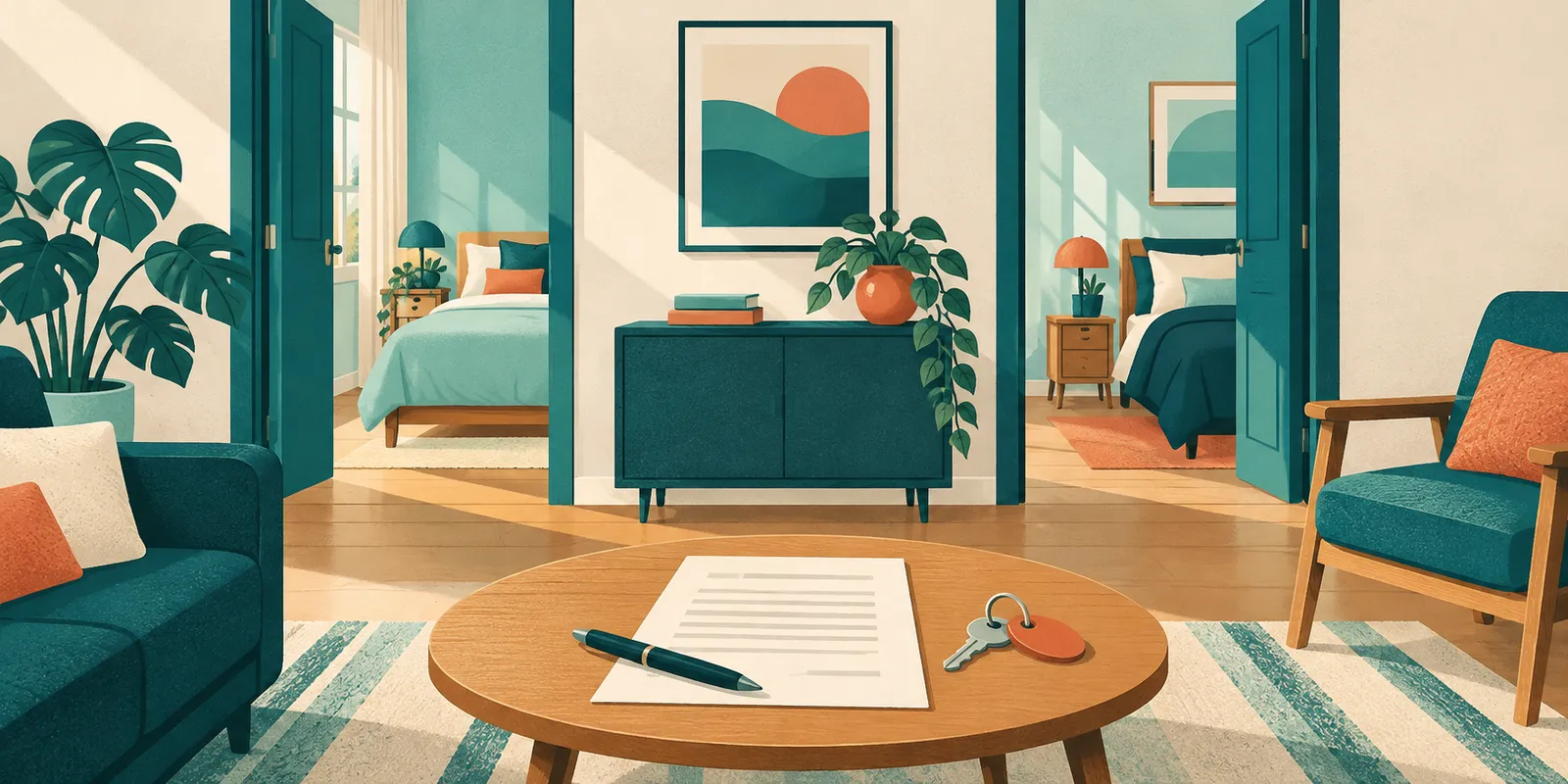 Ilustração de casa compartilhada com dois quartos, chave e documento sobre a mesa