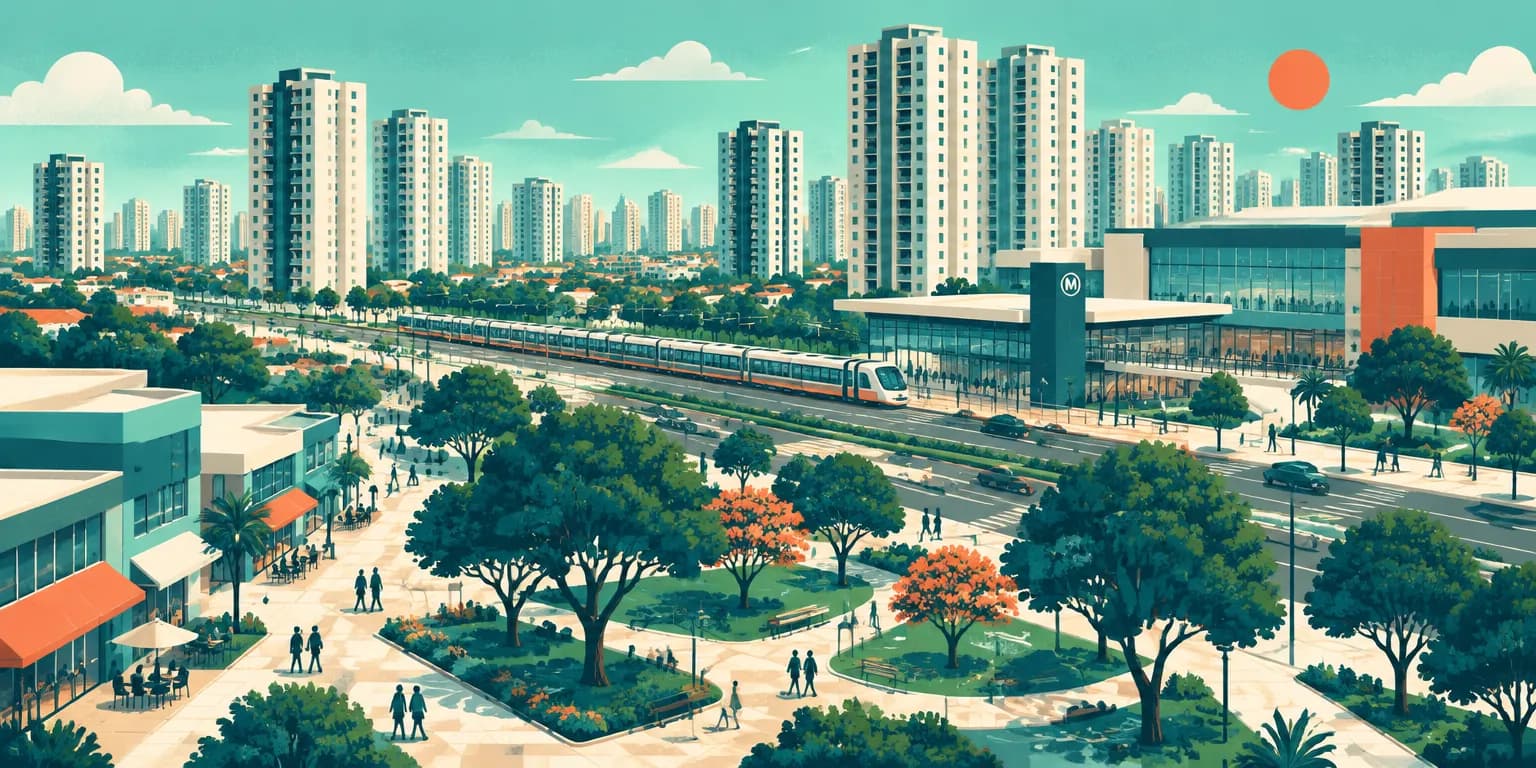 Ilustração do Tatuapé, em São Paulo: praça arborizada, trem ao lado da avenida, estação com shopping e prédios altos
