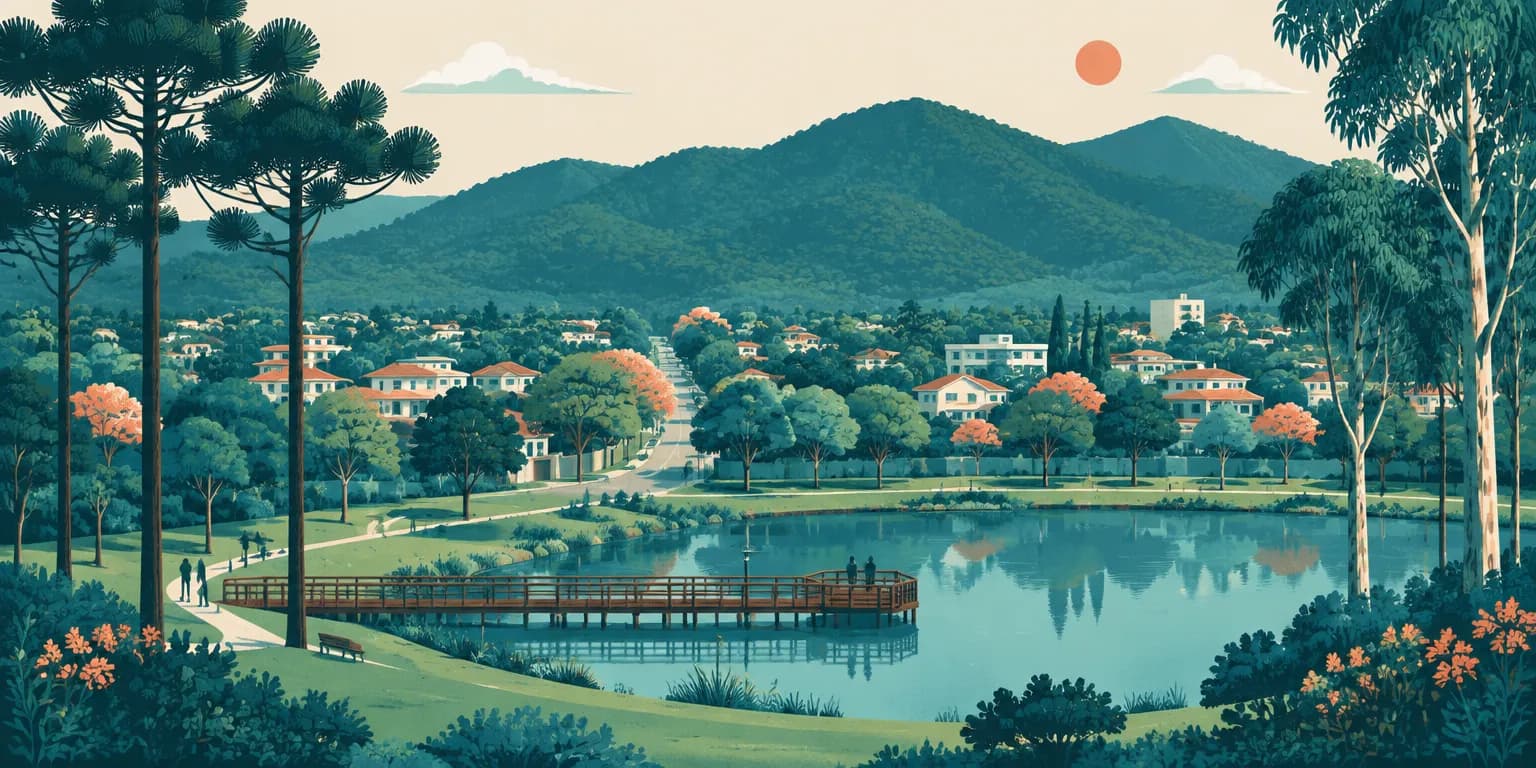 Ilustração do Tremembé, em São Paulo: ruas de casas ao pé da Serra da Cantareira e um parque com lago