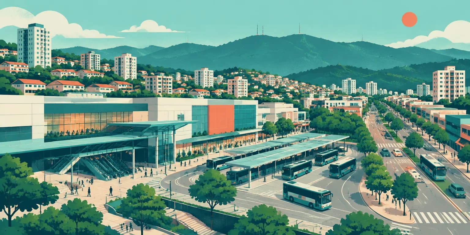 Ilustração do Tucuruvi, em São Paulo: estação de metrô com terminal de ônibus, avenida de comércio e a serra ao fundo