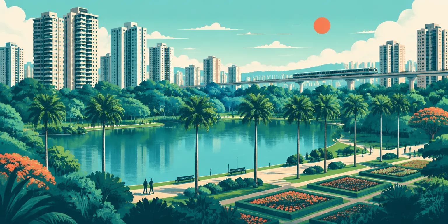 Ilustração da Vila Andrade, em São Paulo: prédios residenciais em volta de um parque com lago e palmeiras
