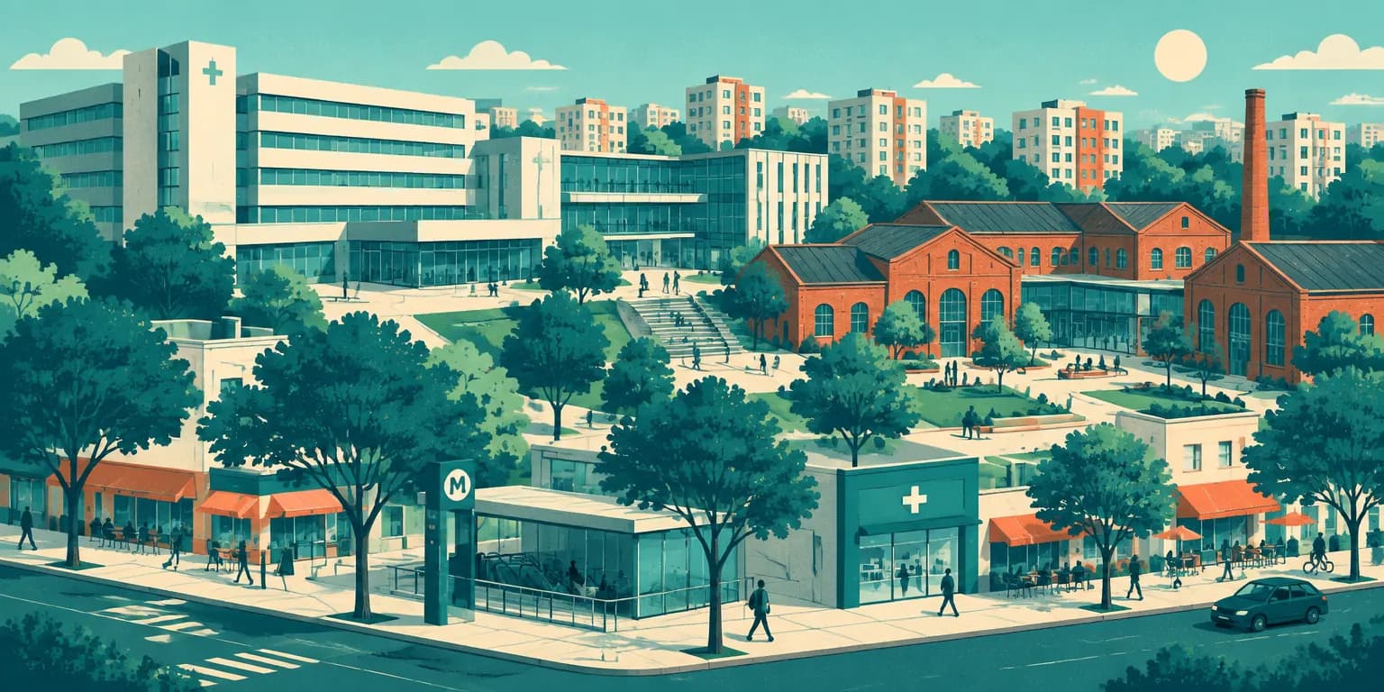 Ilustração da Vila Clementino, em São Paulo: hospitais e prédios da universidade, galpões de tijolo e entrada do metrô