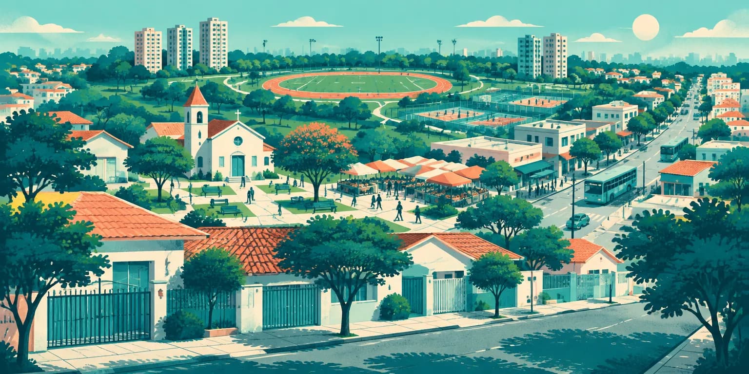 Ilustração da Vila Formosa, em São Paulo: rua de casas com portão, praça com igreja e feira, e pista de corrida ao fundo