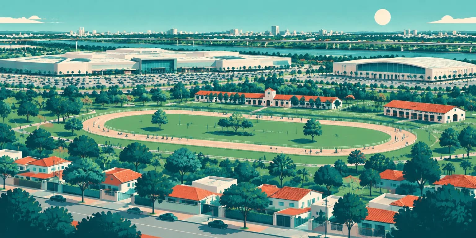 Ilustração da Vila Guilherme, em São Paulo: parque com pista oval, casas, e um shopping e um centro de exposições ao fundo