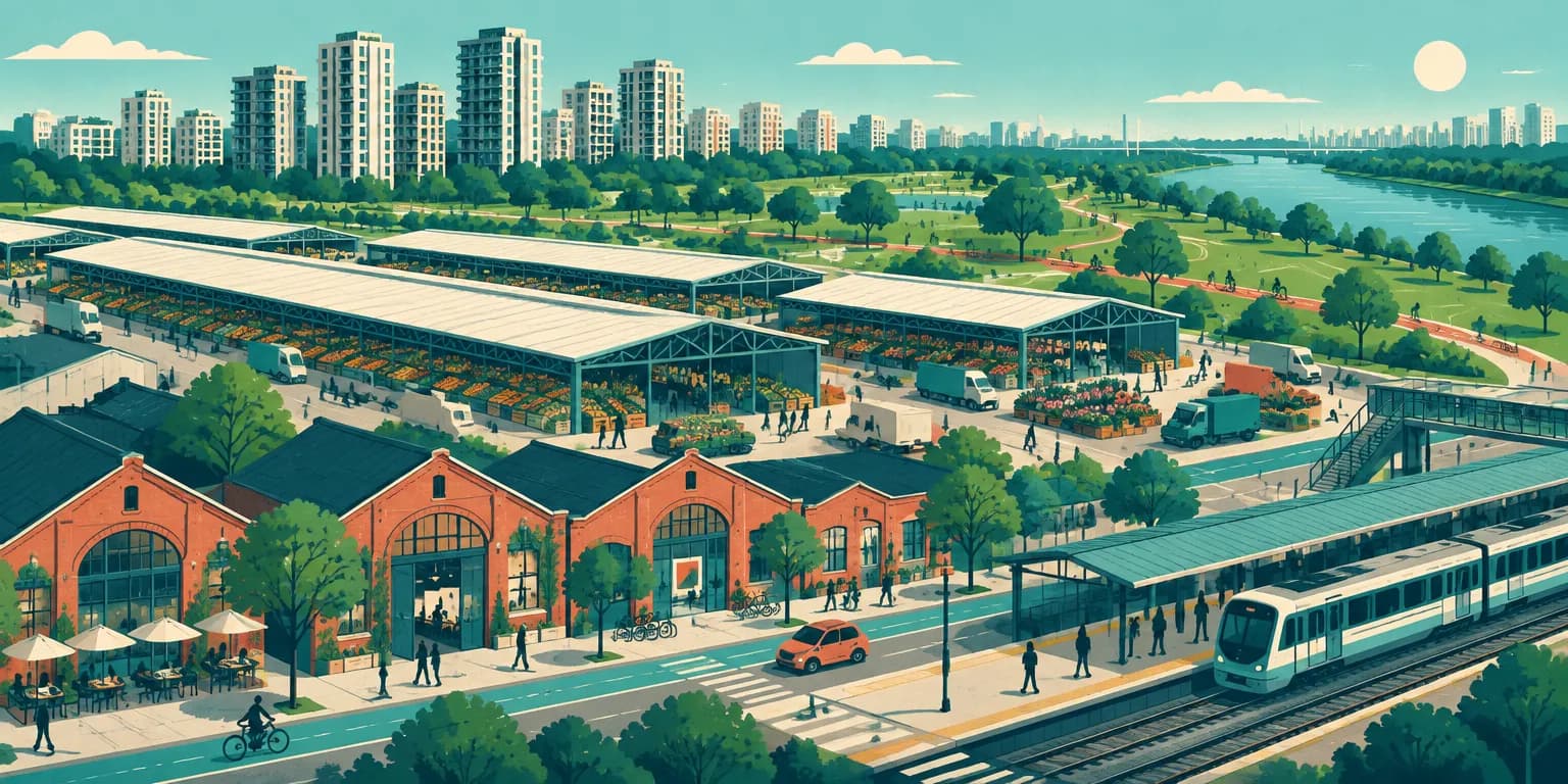 Ilustração da Vila Leopoldina, em São Paulo: galpões de tijolo, estação de trem, o entreposto da Ceagesp e um parque