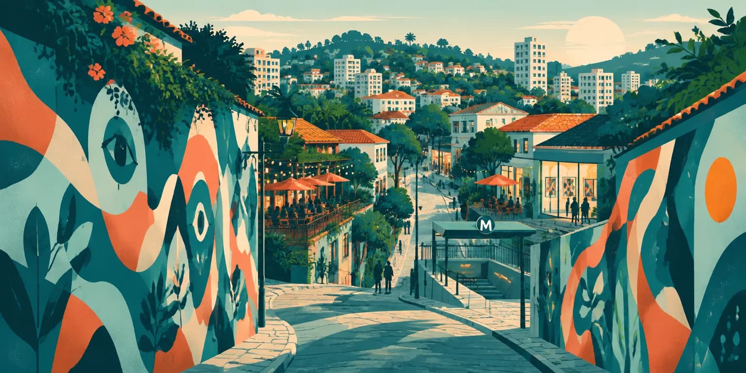 Ilustração da Vila Madalena, em São Paulo: viela com grafites, ladeiras com bares e mesas na calçada e entrada do metrô