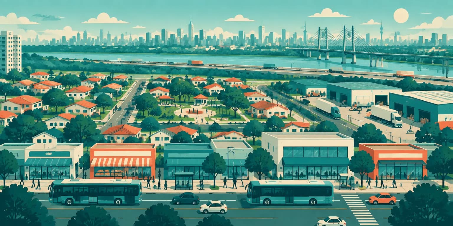 Ilustração da Vila Maria, em São Paulo: avenida de comércio com ônibus, ruas de casas, galpões e o rio com a cidade ao fundo