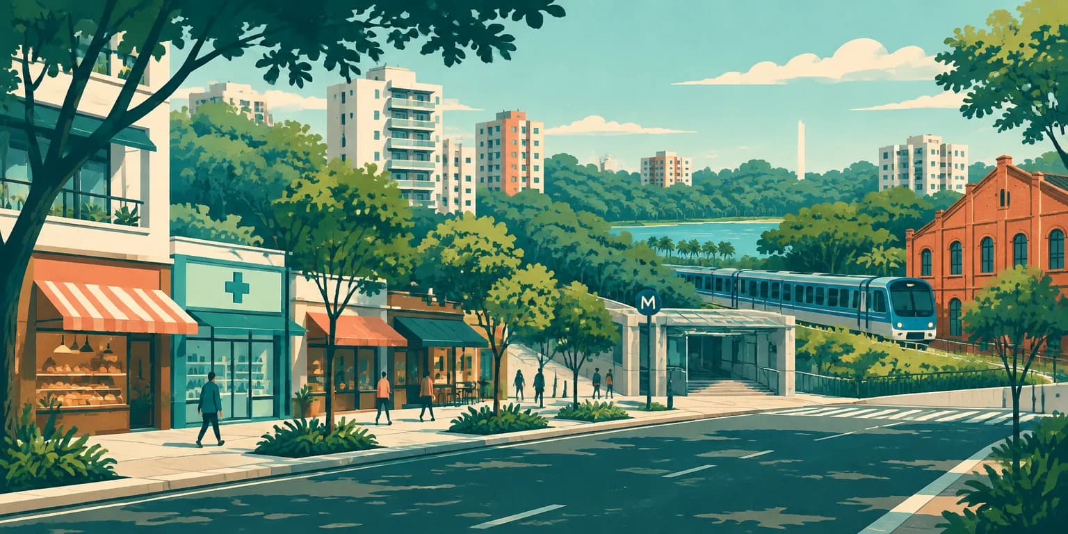 Ilustração da Vila Mariana, em São Paulo: rua comercial arborizada, entrada do metrô e o verde do Ibirapuera ao fundo