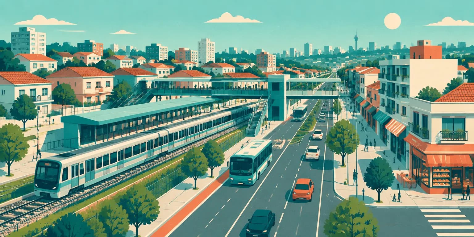 Ilustração da Vila Matilde, em São Paulo: metrô ao lado da avenida, estação com passarela e ruas de sobrados