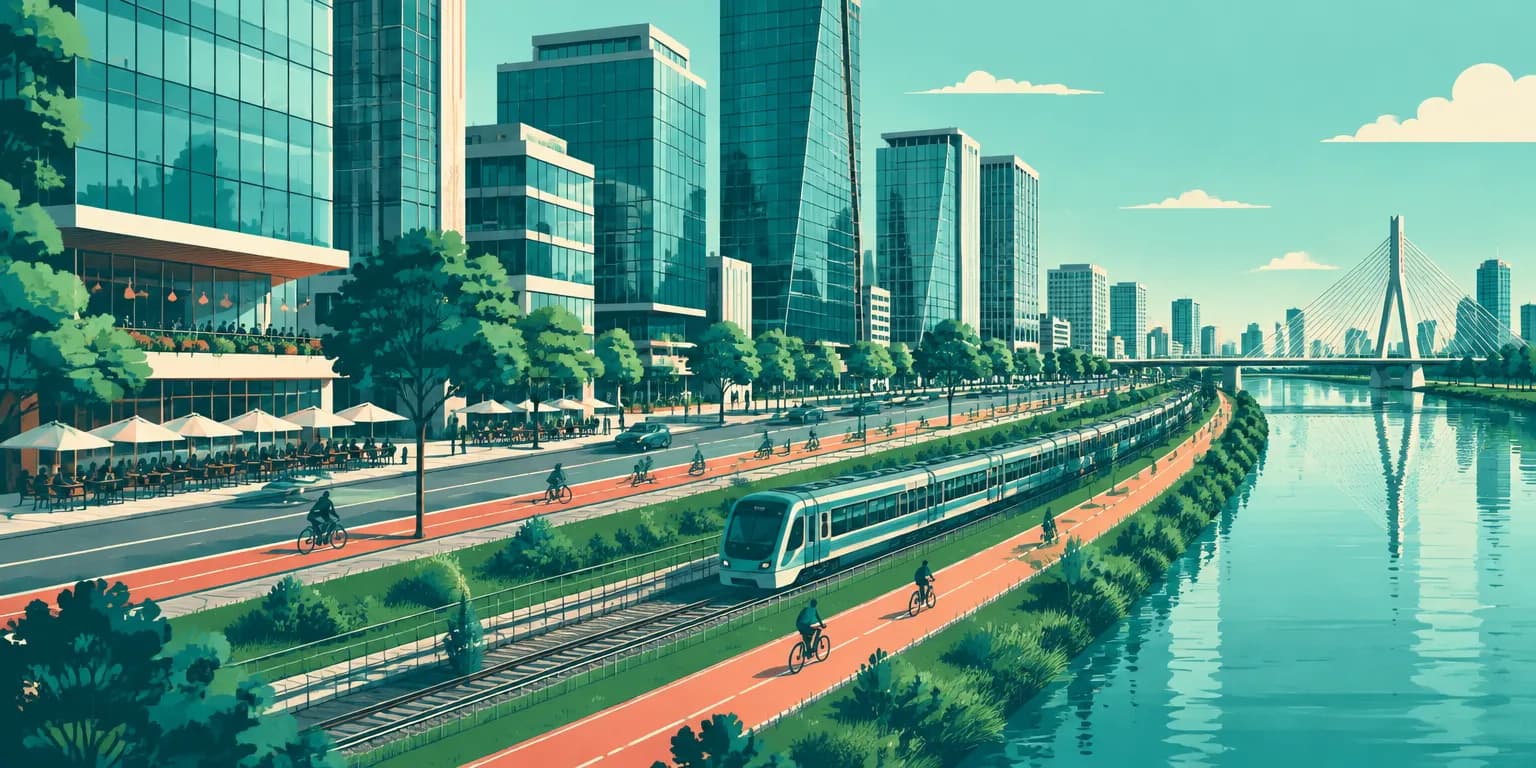 Ilustração da Vila Olímpia, em São Paulo: prédios de escritórios, ciclovia e trem à beira do rio