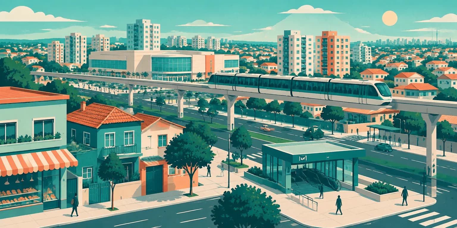 Ilustração da Vila Prudente, em São Paulo: rua de casas e padaria, monotrilho elevado sobre a avenida e entrada do metrô