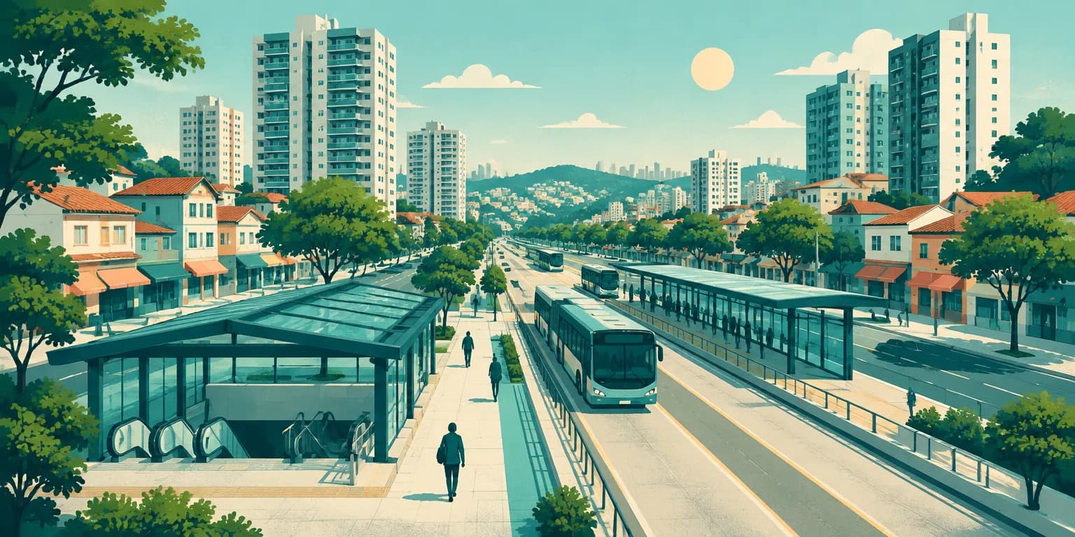 Ilustração da Vila Sônia, em São Paulo: estação de metrô com terminal de ônibus na avenida e prédios novos ao lado de casas